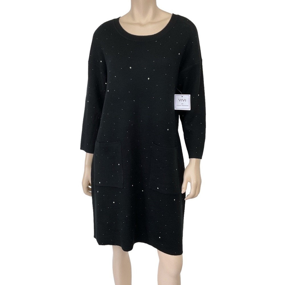 Violet Weekend Sweater Dress Women Large Black 3/4 Sleeve Knee Length NWT